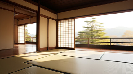Fototapeta premium A corner of a Japanese style office space for Zoom background, backdrop, wallpaper interior design