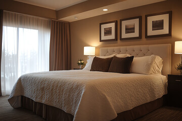 Elegant master suite with a king-size bed, luxurious bedding, and soft lighting.