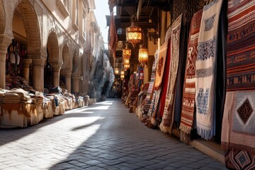 Fototapeta premium Traditional Marketplace with Colorful Textiles and Lanterns