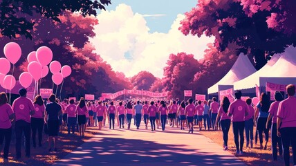 Crowd in pink shirts with balloons at a rally in a park.