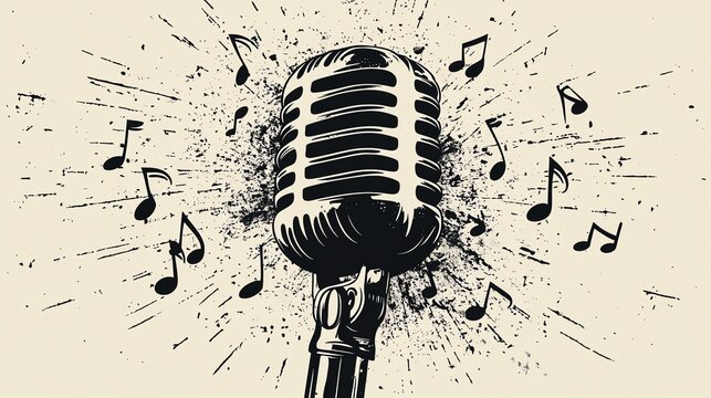 Vintage microphone with musical notes, artistic design