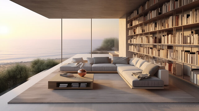 A modern library with bookshelves in an open air Zoom background backdrop wallpaper interior design
