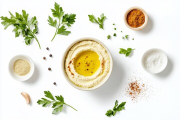 A bowl of hummus surrounded by its ingredients, including garlic, parsley, cumin, olive oil, salt, and pepper, on a white background.