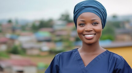 Naklejka premium A young African woman, wearing a blue hijab and scrubs, smiles warmly at the camera. She stands in front of a blurred background of a rural village.