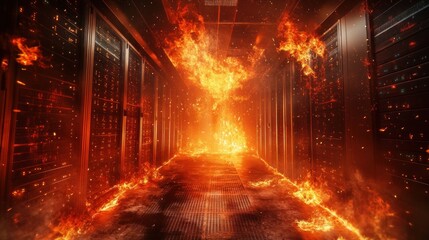 Fototapeta premium A fiery scene in a data center, depicting chaos and destruction among server racks.