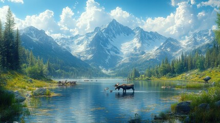 Obraz premium Serene mountain landscape with moose and tranquil waters.