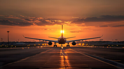 Passenger airplane is captured in stunning sunset scene, taxiing on runway with vibrant orange sky in background