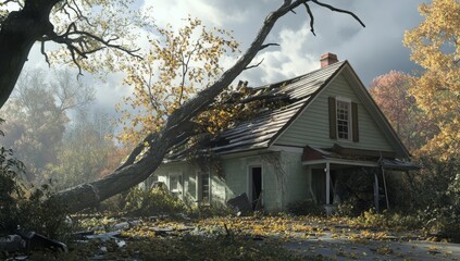 A fallen tree lies across the roof of an abandoned, dilapidated house in the forest.