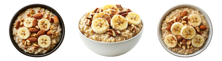Bowls of oatmeal with banana and nuts isolated on transparent PNG background perfect for breakfast food packaging or healthy meal illustrations