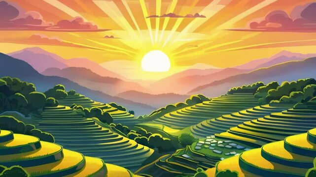 Cartoon Sunrise over terraced rice fields