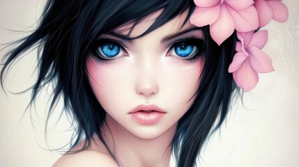 Fototapeta premium Enchanting Anime Inspired Fantasy Portrait of a Whimsical Young Woman with Vibrant Blue Eyes and Pink Flowers