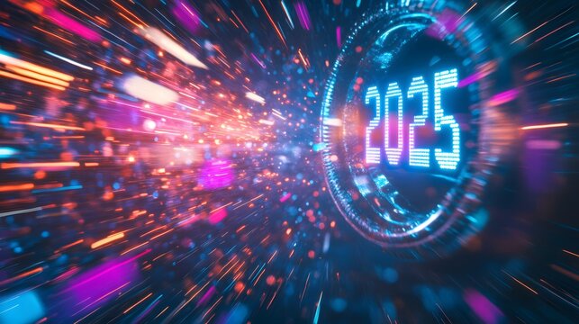 3D digital clock changing to "2025" as colorful lights and fireworks explode in the background
