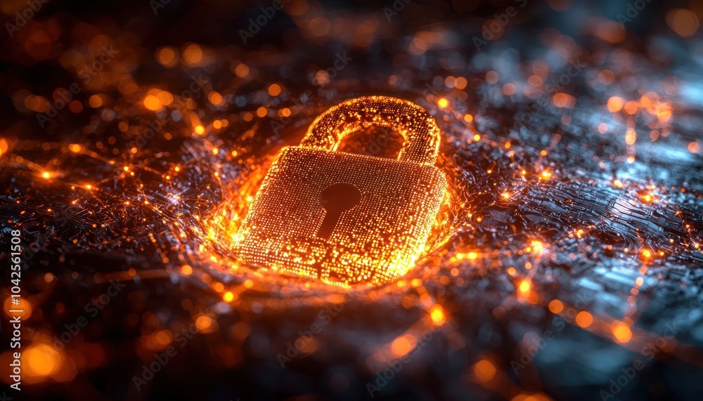 Poster glowing digital lock on a circuit board background