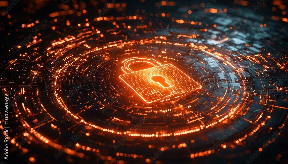 Poster Glowing Padlock Symbol on a Circuit Board Pattern