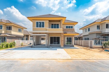 A newly constructed two-story house with a brown roof and a paved driveway.