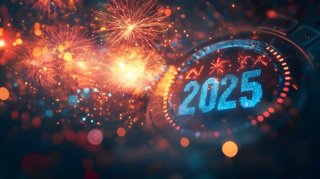 3D digital clock changing to "2025" as colorful lights and fireworks explode in the background