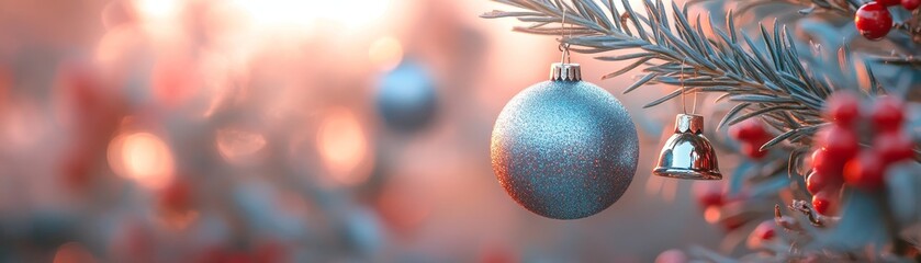 Fototapeta premium Captivating Christmas Ornaments Hanging Elegantly Amidst Lush Evergreen Branches and Festive Berries
