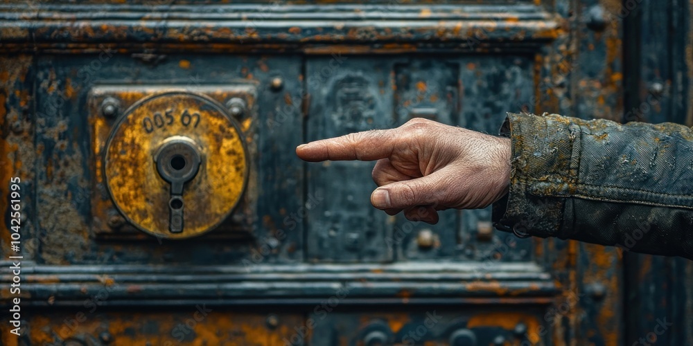 Poster a hand pointing at a circular metal object on a rusty door