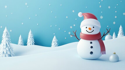 Fototapeta premium A Smiling Snowman Wearing a Red Scarf and Santa Hat in a Winter Wonderland