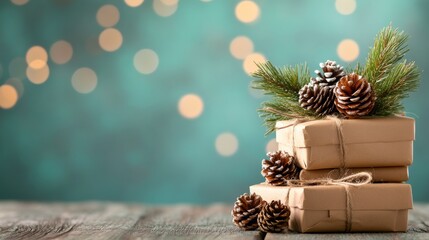 Rustic Christmas Gifts Wrapped in Brown Paper with Pinecones and Greenery on Wooden Table