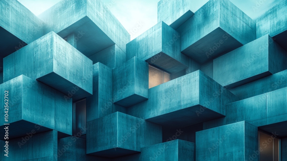 Aufkleber The structure showcases a striking arrangement of blue concrete blocks, creating a complex geometric pattern. Light filters through the openings, enhancing the intriguing design.