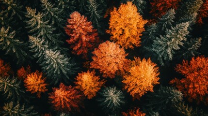 Aerial view of vibrant autumn trees showcasing a mix of warm and cool colors.