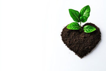 Naklejka premium Green plant growing from heart-shaped soil on a white isolated background.