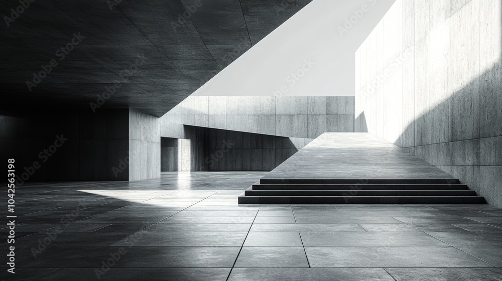 Aufkleber A striking interior showcases minimalistic concrete structures with sharp angles and soft light highlighting the space. The design emphasizes simplicity and elegance.