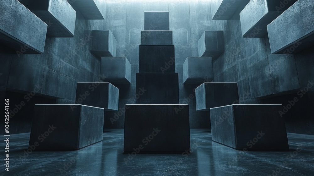 Leinwandbilder Concrete cubes are stacked in an intriguing formation in a shadowy, dimly lit environment, evoking a mysterious and modern atmosphere.