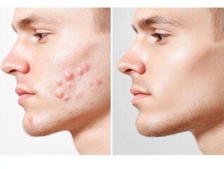 Obraz premium Before and after image showing a man s skin with active acne and the same skin after treatment, highlighting smooth and clear texture
