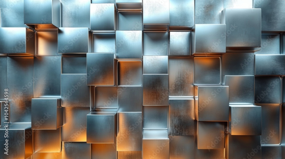 Poster A wall installation made of interlocking metallic blocks creates a stunning visual effect with warm lighting. The design showcases modern aesthetics and contemporary architecture.