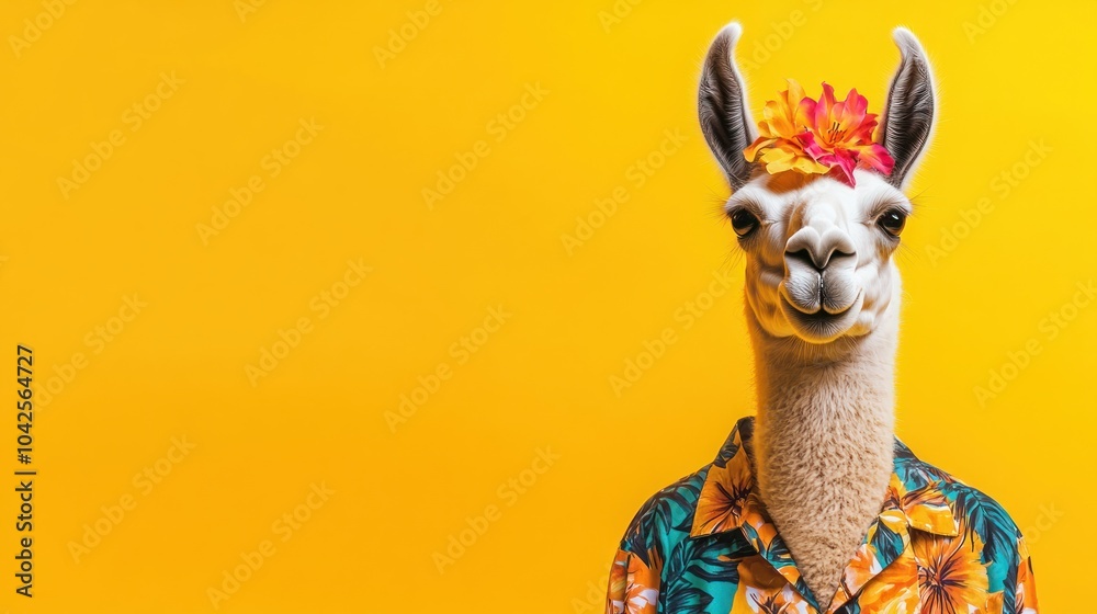 Wall mural A llama wearing a floral shirt and a flower crown against a bright yellow background.