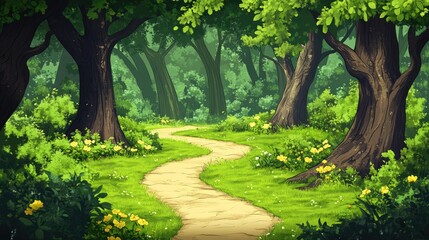 Naklejka premium Winding Path Through a Lush Green Forest