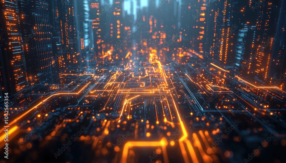 Aufkleber Abstract Digital Circuitry with Glowing Orange Lines