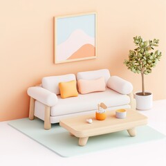 Cozy Minimalist Living Room with Wooden Furniture in Soft Pastel Colors