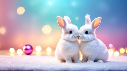 Two Cute Bunnies in a Christmas Setting with Glowing Light