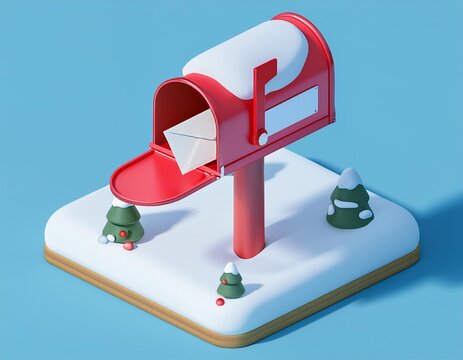 3D red mailbox sits in a snowy winter landscape