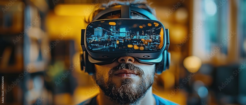 Aufkleber man experiencing virtual reality with a cityscape view