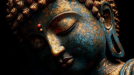 Close-up of a serene Buddha statue with intricate details.