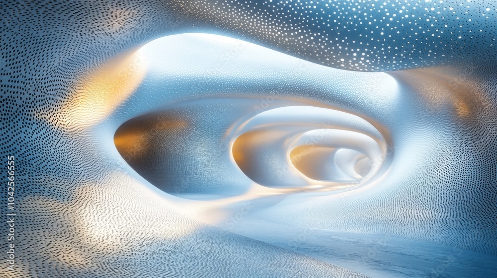 Poster A mesmerizing corridor of soft, flowing curves and glowing patterns invites exploration in a surreal landscape illuminated by dusk light. The environment feels otherworldly and enchanting.