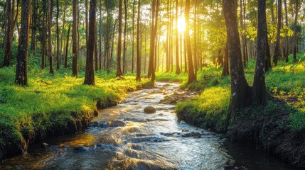Obraz premium A serene forest scene with a flowing stream and sunlight filtering through the trees.