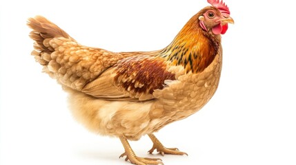 A brown chicken standing on a white background, showcasing its feathers and features.