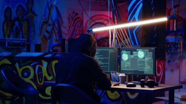 Revealing shot of spy using VPN and darknet as anonymity tools to mask online identity while stealing governmental secrets. Man in underground bunker masks his location, committing espionage, camera B