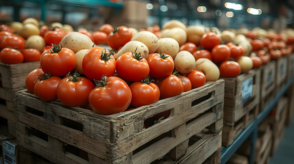 Fresh tomatoes and potatoes displayed in wooden crates at a market.
