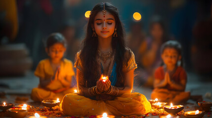 Young Girl Praying with Candles During Festival