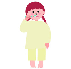 パジャマを着て一生懸命歯磨きをする幼い女の子の全身のイラスト