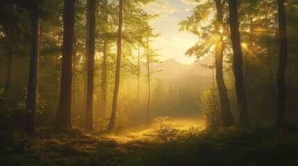 Obraz premium As the sun dips low, golden light filters through the tall pines, illuminating a carpet of golden leaves and casting enchanting shadows across the serene forest floor.