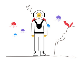 Diver in underwater. Diving illustration. Flat vector illustration