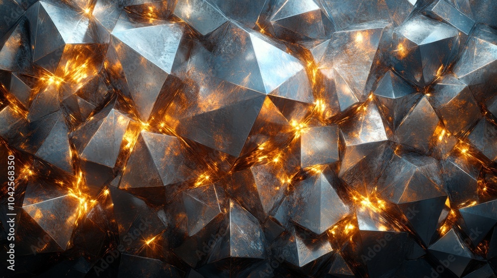 Poster Brilliant crystal structures glimmer with radiant orange light, highlighting their sharp edges and multifaceted surfaces, creating a captivating visual display.