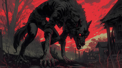 Obraz premium Illustration of the werewolf arriving in town on Halloween